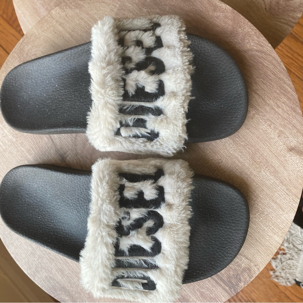 Furry Black Slides with Bold Lettering